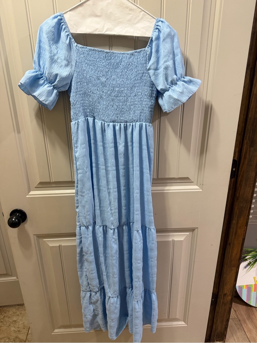 Women’s Light Blue Smocked Puff Sleeve Maxi Dress